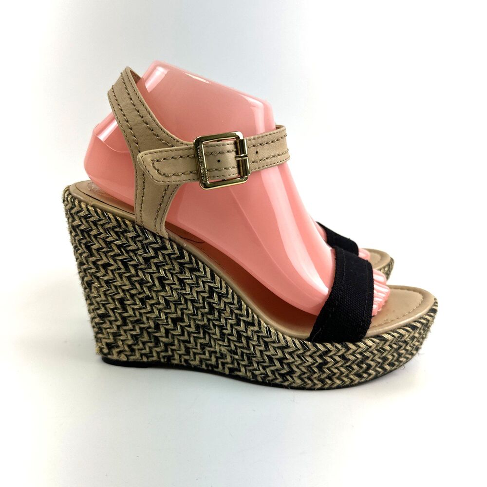 Vince Camuto Ebba High Wedge Sandal Espadrille Black Tan Ankle Strap Womens 9